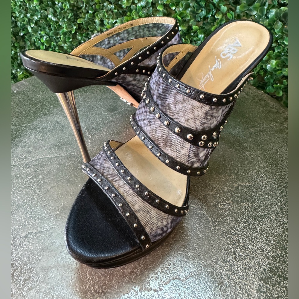 ABS Allen Schwartz Black Studded Women's Mesh Slip On Heels